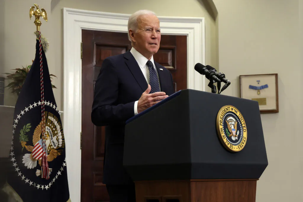 President Joe Biden speaks to update the situation of the Ukraine-Russia border crisis during an event in the Roosevelt Room of the White House in Washington, D.C., on Feb. 18, 2022. (Alex Wong/Getty Images)