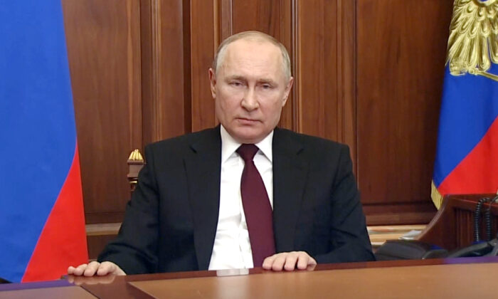 Russian President Vladimir Putin addresses the nation at the Kremlin in Moscow on Feb. 21, 2022, in a still from video. (Russian Pool via Reuters/Screenshot via The Epoch Times)