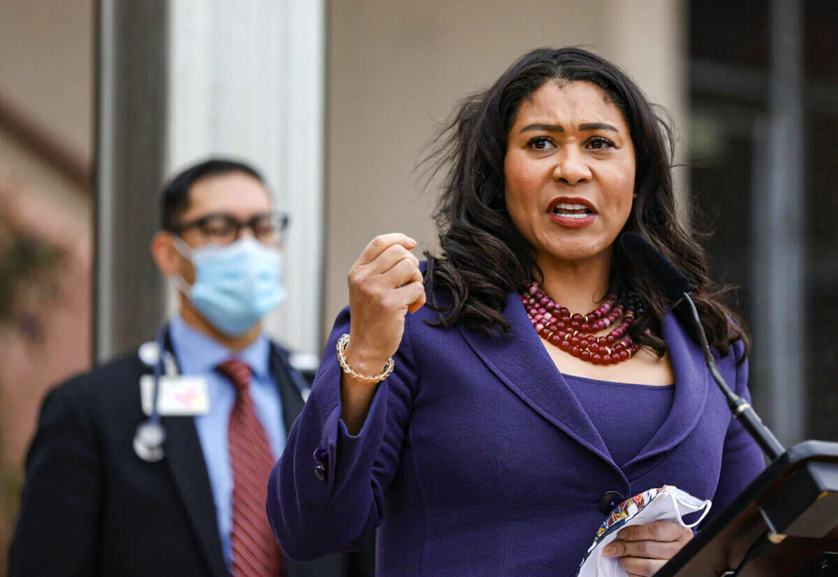 San Francisco Mayor London Breed speaks during a news conference in San Francisco on March 17, 2021. (Justin Sullivan/Getty Images)