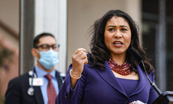 San Francisco Mayor London Breed speaks during a news conference outside of Zuckerberg San Francisco General Hospital in San Francisco, Calif., on March 17, 2021. (Justin Sullivan/Getty Images)