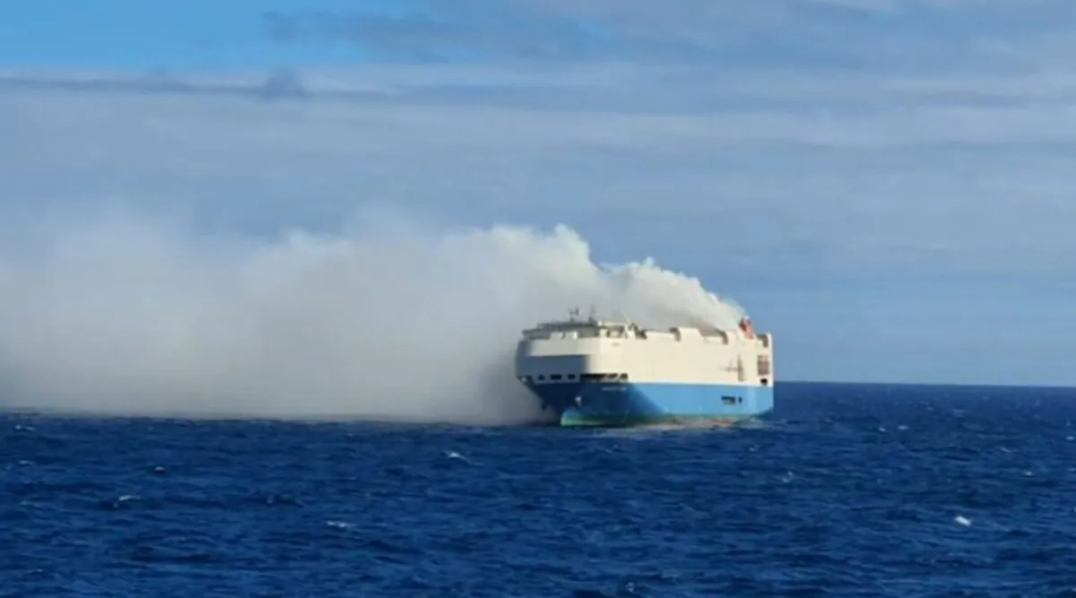 Cargo ship Felicity Ace is on fire in the Atlantic Ocean on Feb. 17, 2022. (Courtesy of Portuguese Navy)