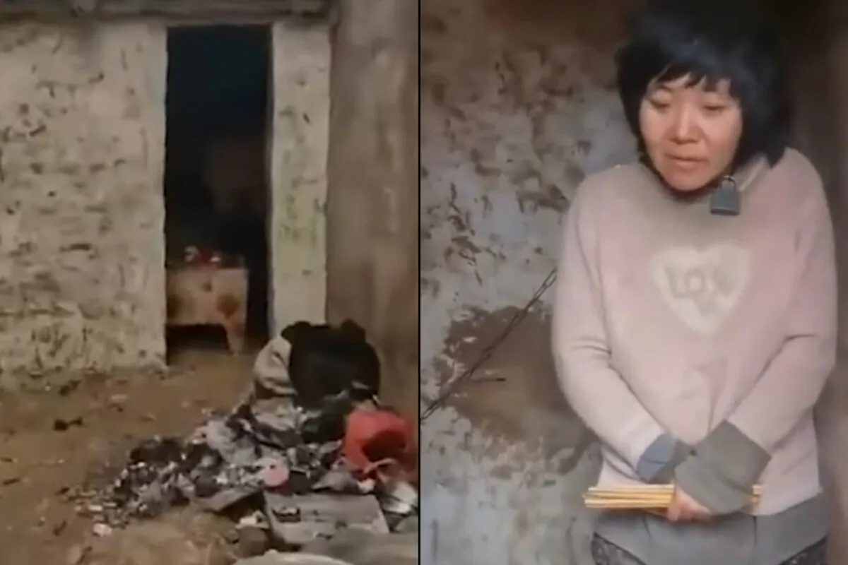 Video screenshot of a mother of eight (R) shackled in a village hut in Xuzhou city, Jiangsu, China, in January 2022.  (Screenshots via Douyin)