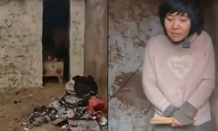 Photo of a mother of eight (R) found shackled in a village hut in Xuzhou city, Jiangsu, China, in January 2022.  (Douyin/Screenshot via The Epoch Times)