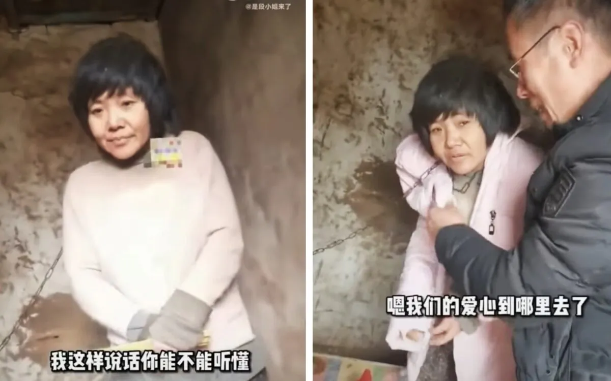 Video screenshot of a mother of eight shackled in a village hut in Xuzhou city, Jiangsu, China, in January 2022. (Screenshots via Douyin)