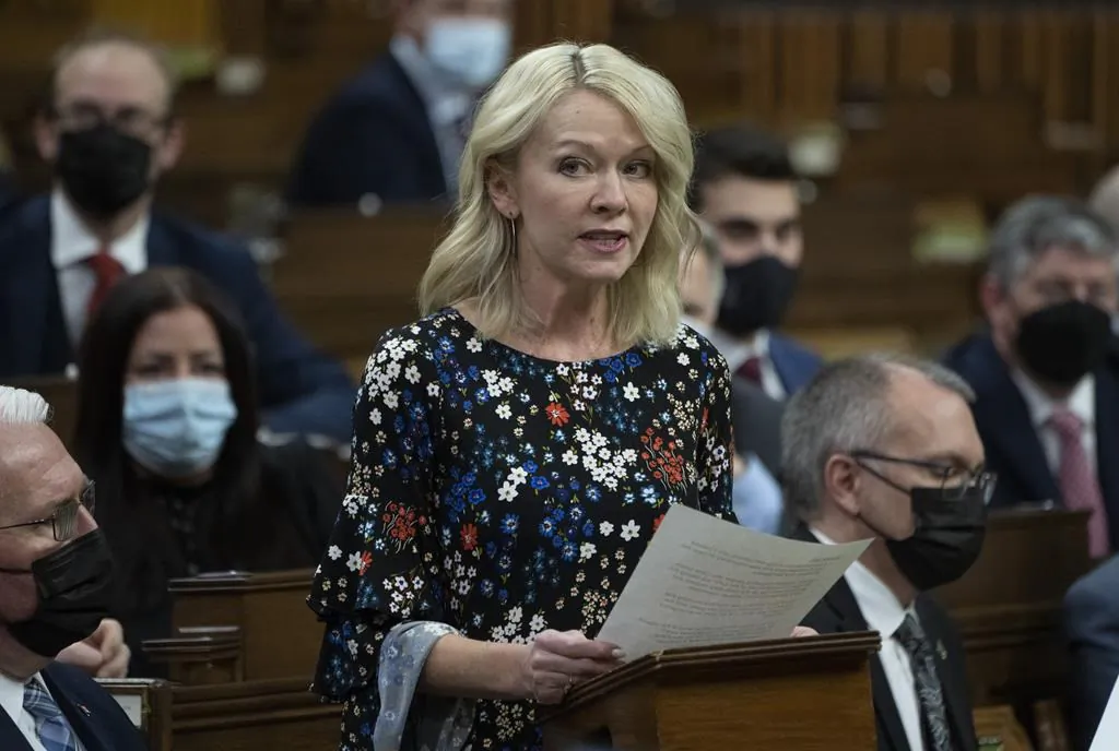Interim Conservative leader Candice Bergen rises during Question Period in Ottawa on Feb. 21, 2022. (Adrian Wyld/The Canadian Press)