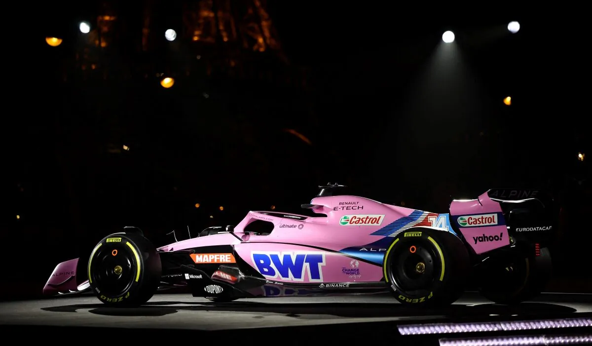 The new Alpine A522 car is seen with the Eiffel Tower during the launch of Formula One in Paris, on Feb. 21, 2022. (Sarah Meyssonnier/Reuters) 