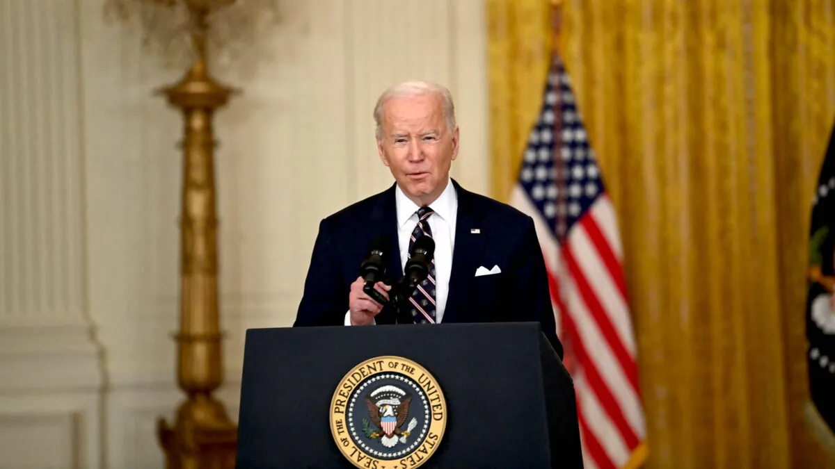 President Joe Biden speaks in the East Room of the White House about Russian military activity near Ukraine, on Feb. 22, 2022. (Brendan  Smialowski/AFP via Getty Images)