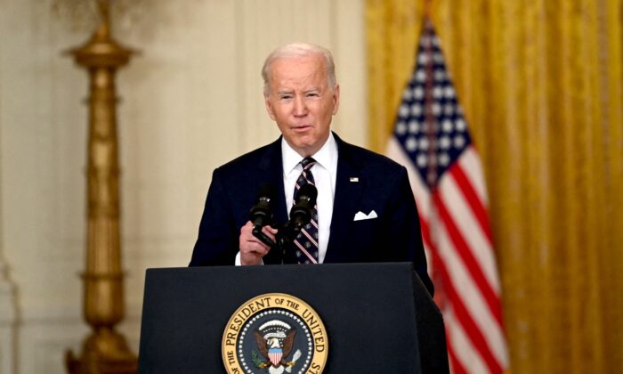 President Joe Biden speaks in the East Room of the White House about Russian military activity near Ukraine, on Feb. 22, 2022. (Brendan  Smialowski/AFP via Getty Images)
