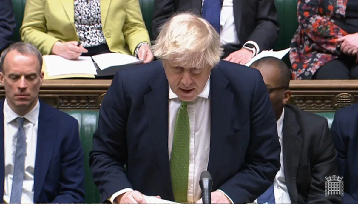 Prime Minister Boris Johnson updates MPs on the latest situation regarding Ukraine, in the House of Commons in London, on Feb. 22, 2022. (PA)