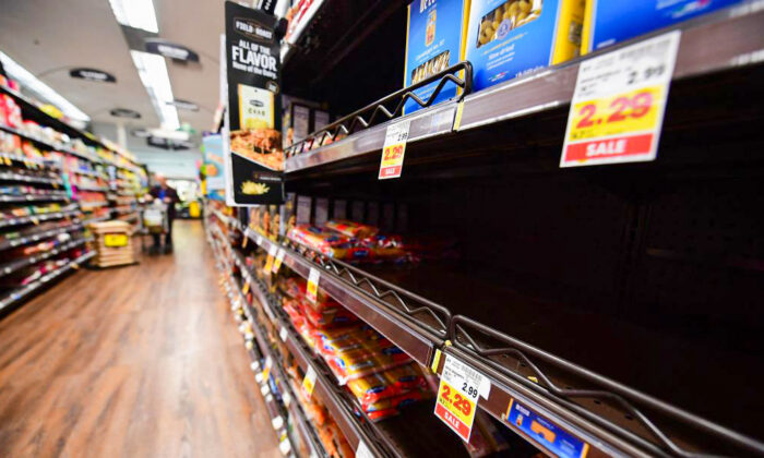 Empty shelves for pasta are seen at a supermarket on January 13, 2022 in Monterey Park, California.(FREDERIC J. BROWN/AFP via Getty Images)