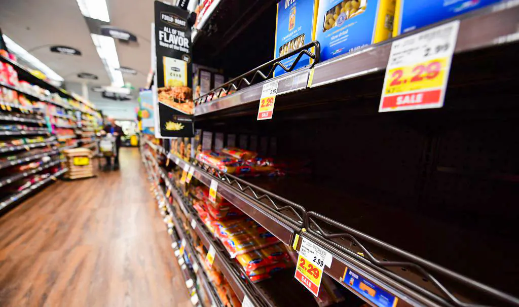 Empty shelves for pasta are seen at a supermarket on January 13, 2022 in Monterey Park, California.(FREDERIC J. BROWN/AFP via Getty Images)