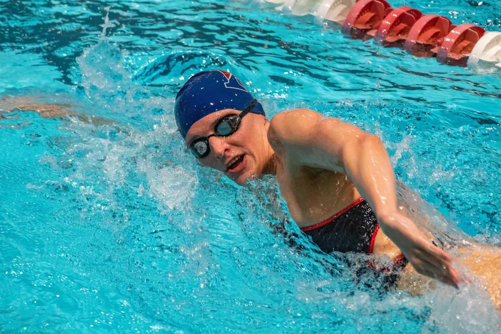 Lia Thomas, a transgender woman, swims for the University of Pennsylvania at an Ivy League swim meet against Harvard University in Cambridge, Massachusetts, on Jan. 22, 2022. (Joseph Prezioso/AFP via Getty Images)