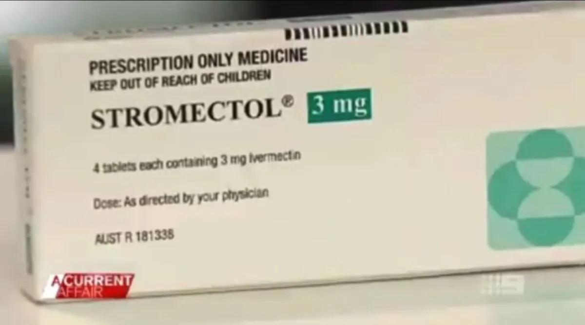 The shot from Nine's "A Current Affairs" program including an image of Stromectol, the U.S. brand name for ivermectin, which was published on Feb. 21 and subsequently edited and removed. (Screenshot by The Epoch Times)