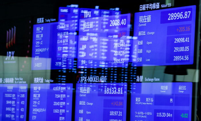 Monitors displaying the stock index prices and Japanese yen exchange rate against the U.S. dollar are seen after the New Year ceremony marking the opening of trading in 2022 at the Tokyo Stock Exchange (TSE) in Tokyo on Jan. 4, 2022. (Issei Kato/Reuters)