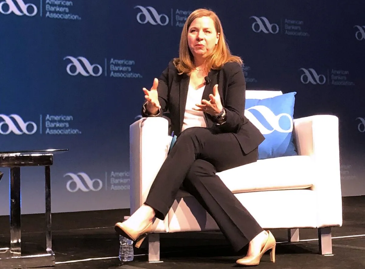 U.S. Federal Reserve Governor Michelle Bowman gives her first public remarks as a Fed policymaker at an American Bankers Association conference in San Diego on Feb. 11, 2019. (Ann Saphir/Reuters)