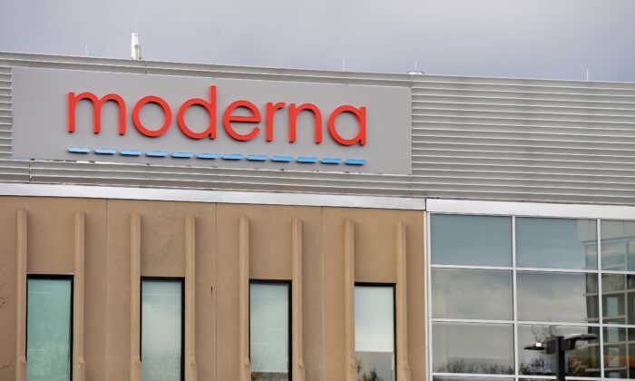 The Moderna logo is seen at the Moderna campus in Norwood, Mass. on Dec. 2, 2020. (Joseph Prezioso/AFP via Getty Images)