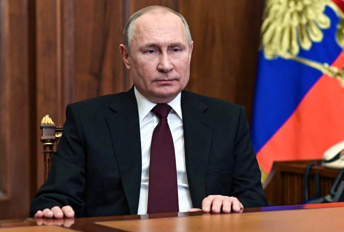 Russian President Vladimir Putin speaks during his address to the nation at the Kremlin in Moscow on Feb. 21, 2022. (Alexey Nikolsky/Sputnik/AFP via Getty Images)
