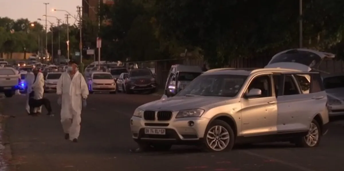 The aftermath of a shooting scene in Johannesburg, on Feb. 21, 2022. (AP Video/Screenshot via The Epoch Times)