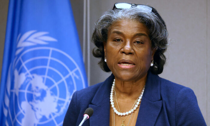 Linda Thomas-Greenfield, the U.S. ambassador to the United Nations, at a briefing in New York City on March 1, 2021. (Spencer Platt/Getty Images)