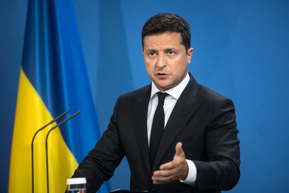Ukrainian President Volodymyr Zelensky at the Chancellery in Berlin, Germany, on July 12, 2021. (Stefanie Loos/Pool/Getty Images)