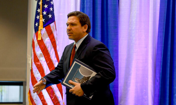 Florida Gov. Ron DeSantis leaves after holding a press conference at the Miami Dade College’s North Campus in Miami, on Jan. 26, 2022. (Joe Raedle/Getty Images)
