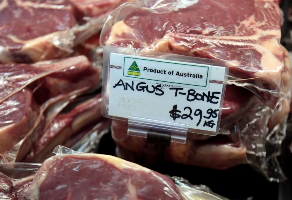 A display of Australian beef sits in a butchers shop in the Melbourne suburb of Yarraville on May 12, 2020. (WILLIAM WEST/AFP via Getty Images)