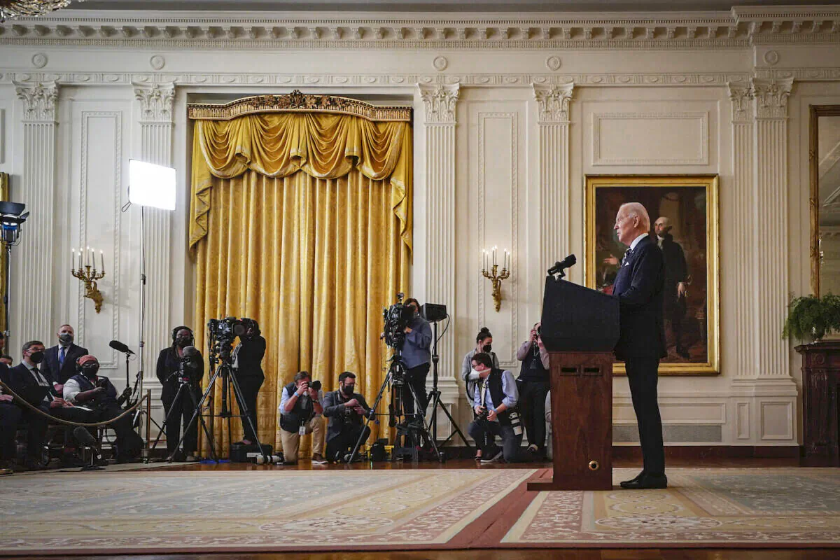 U.S. President Joe Biden delivers remarks on developments in Ukraine and Russia, and announces sanctions against Russia, from the East Room of the White House Feb. 22, 2022, in Washington, DC. (Drew Angerer/Getty Images)