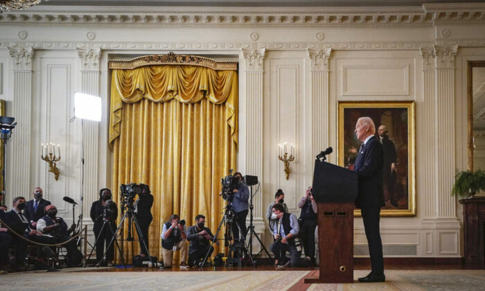 U.S. President Joe Biden delivers remarks on developments in Ukraine and Russia, and announces sanctions against Russia, from the East Room of the White House Feb. 22, 2022, in Washington, DC. (Drew Angerer/Getty Images)