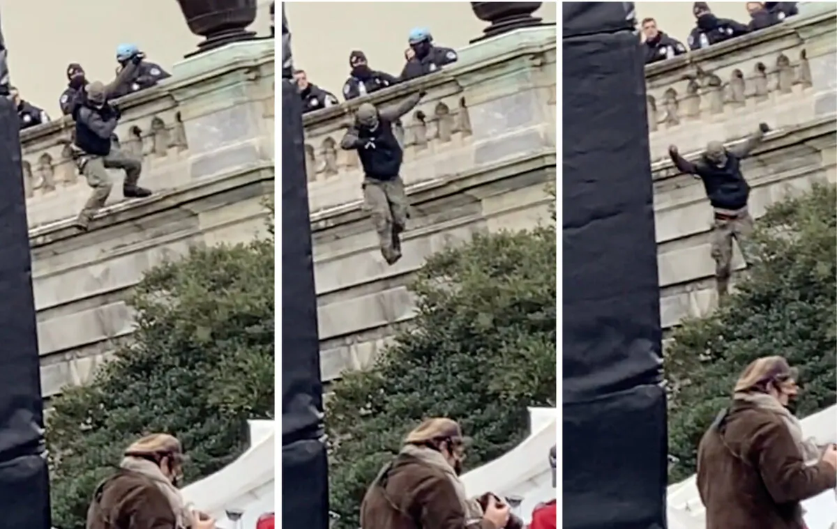 Derrick Vargo falls some 20 feet after being allegedly pushed off a landing that leads to the Upper West Terrace at the U.S. Capitol on Jan. 6, 2021. (Video Stills/ParlerVideos)