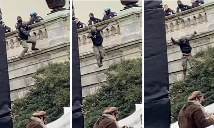 Derrick Vargo falls some 20 feet after being allegedly pushed off a landing that leads to the Upper West Terrace at the U.S. Capitol on Jan. 6, 2021. (Video Stills/ParlerVideos)