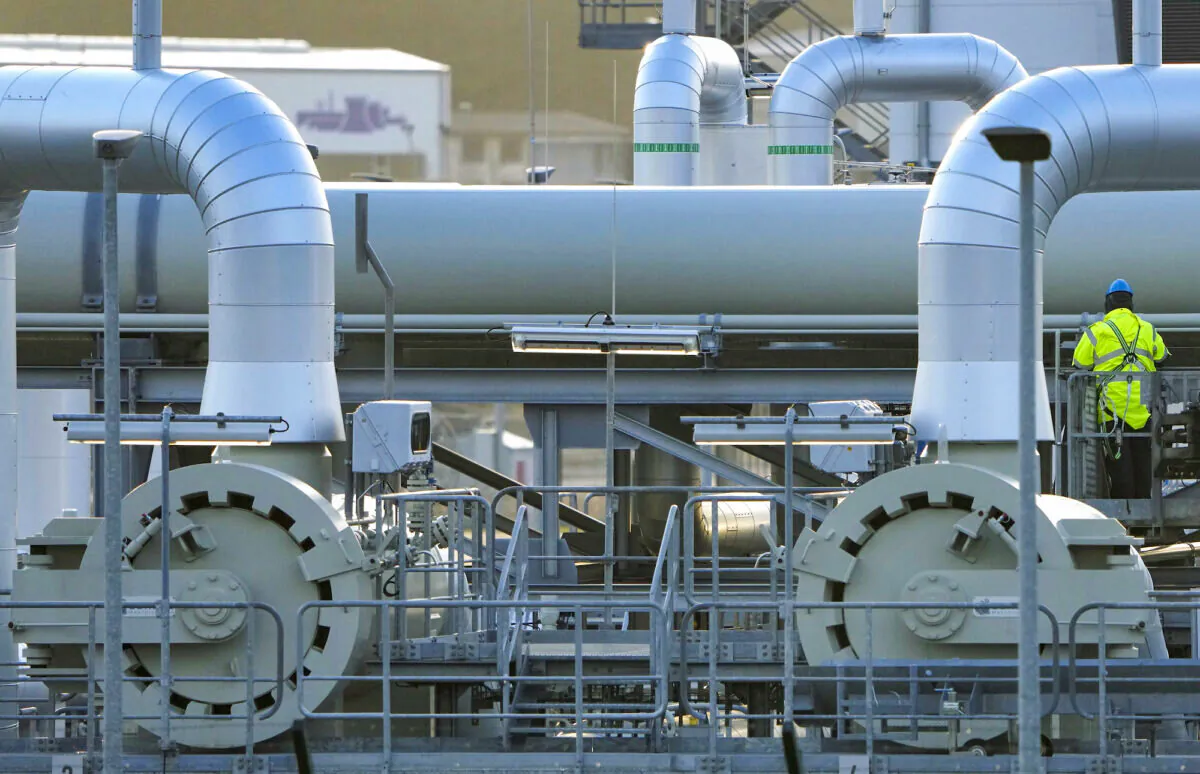 Pipes at the landfall facilities of the 'Nord Stream 2' gas pipline are pictured in Lubmin, Germany, on Feb. 15, 2022. (AP Photo/Michael Sohn, File)