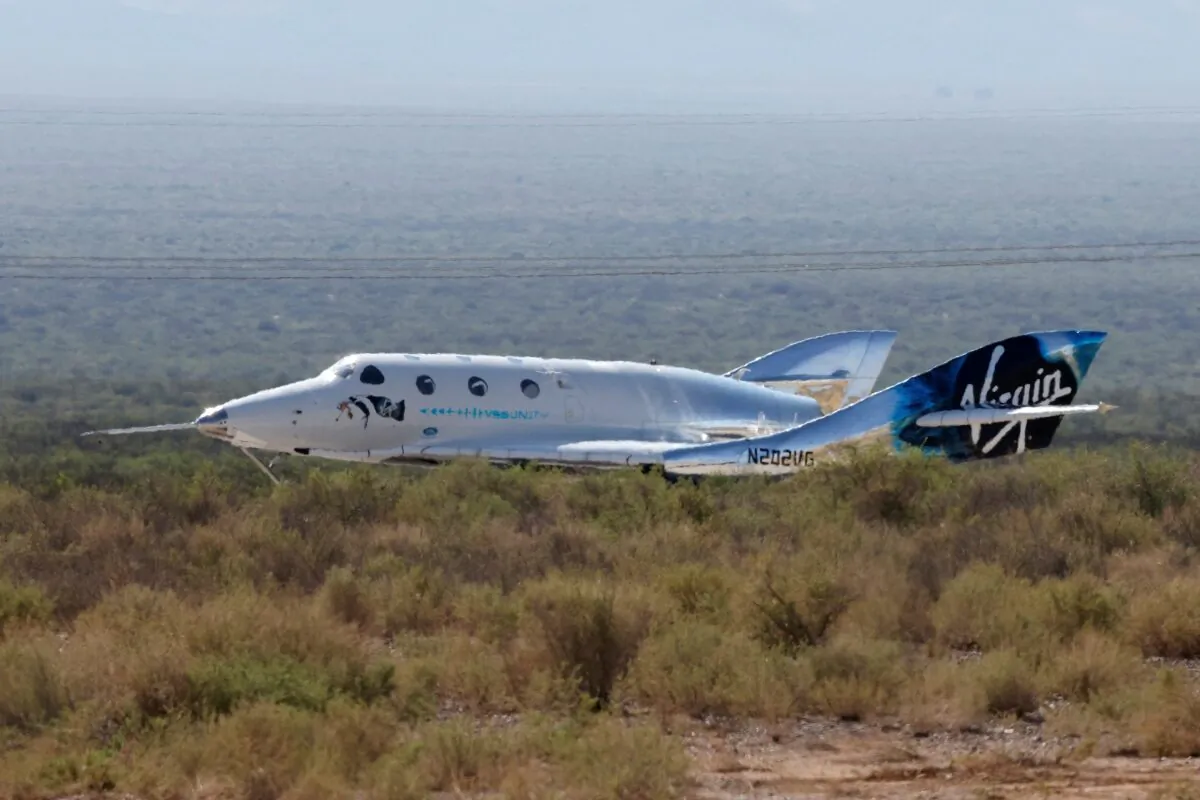 Virgin Galactic's passenger rocket plane VSS Unity is seen in New Mexico on July 11, 2021. (Joe Skipper/Reuters)