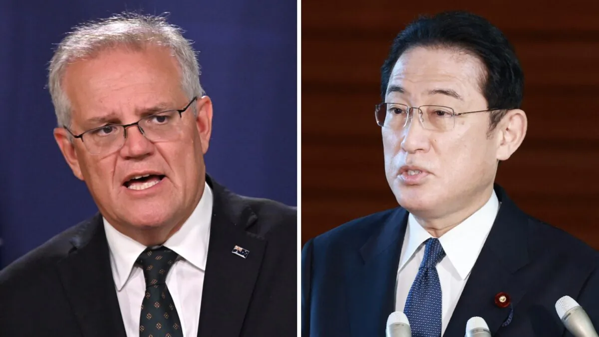 L: Australia's Prime Minister Scott Morrison in Sydney on Feb. 23, 2022. (Steven Saphore/AFP via Getty Images) R: Japan's Prime Minister Fumio Kishida in Tokyo, on Feb. 22, 2022. (STR/JIJI PRESS/AFP via Getty Images)