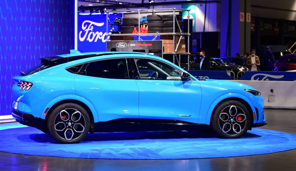 The all-electric Ford Mustang Mach-E GT SUV is displayed at the Los Angeles Auto Show in Los Angeles, Calif. on Nov. 18, 2021. (Frederic J. Brown/AFP via Getty Images)