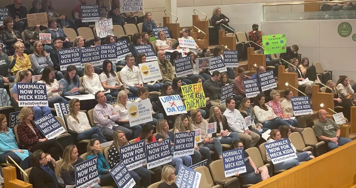 Advocates for mask optional at a Mecklenburg County Commissioner Meeting in Charlotte, North Carolina in February 2022.  (Courtesy of Brooke Weiss)