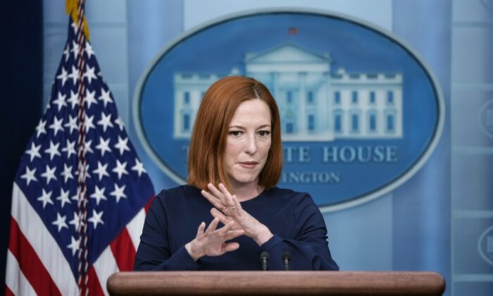 White House press secretary Jen Psaki speaks to reporters in Washington on Feb. 22, 2022. (Drew Angerer/Getty Images)