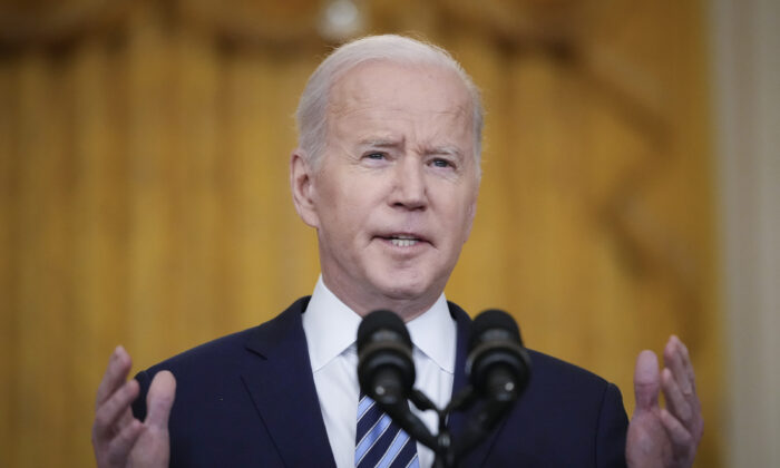 President Joe Biden delivers remarks about Russia's “unprovoked and unjustified" military invasion of neighboring Ukraine in the East Room of the White House on Feb. 24, 2022. (Drew Angerer/Getty Images)