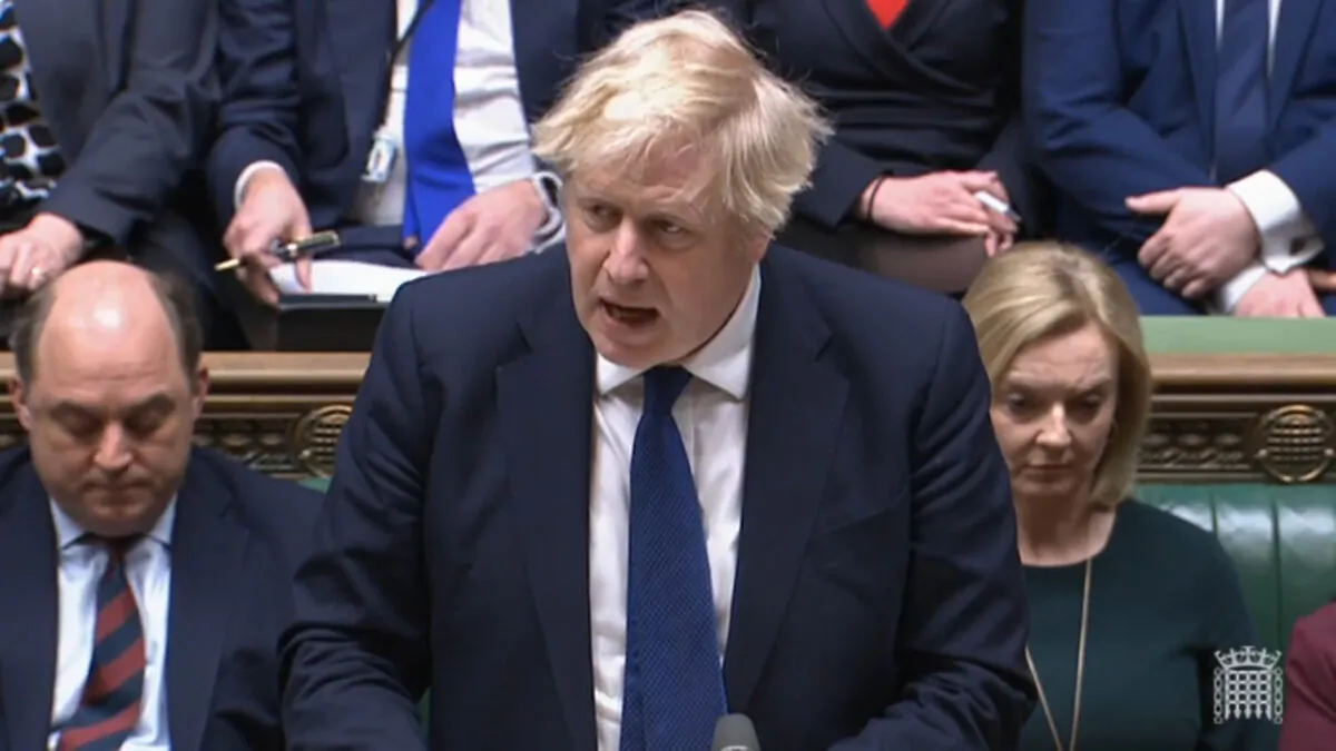 Prime Minister Boris Johnson addresses MPs on the latest situation regarding Ukraine, in the House of Commons, central London, on Feb. 24, 2022. (PA)