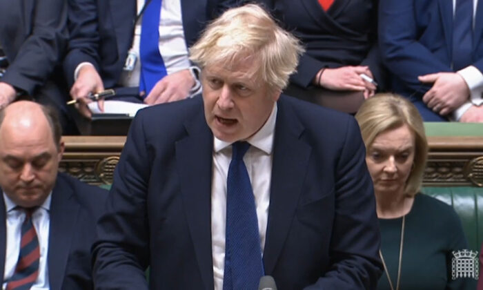 Prime Minister Boris Johnson addresses MPs on the latest situation regarding Ukraine, in the House of Commons, central London, on Feb. 24, 2022. (PA)