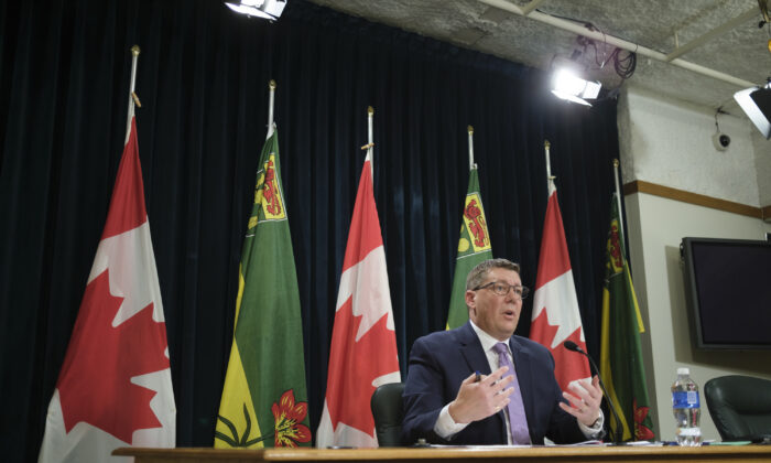 Premier Scott Moe at a press conference at the Legislative Building in Regina on Oct. 27, 2021. (The Canadian Press/Michael Bell)
