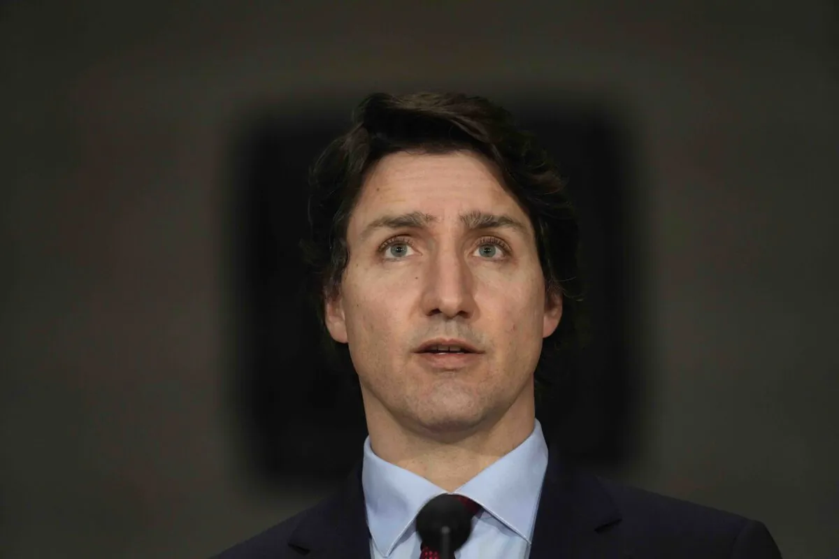 Prime Minister Justin Trudeau addresses a news conference on the situation in Ukraine, Feb. 24, 2022 in Ottawa. (The Canadian Press/Adrian Wyld)