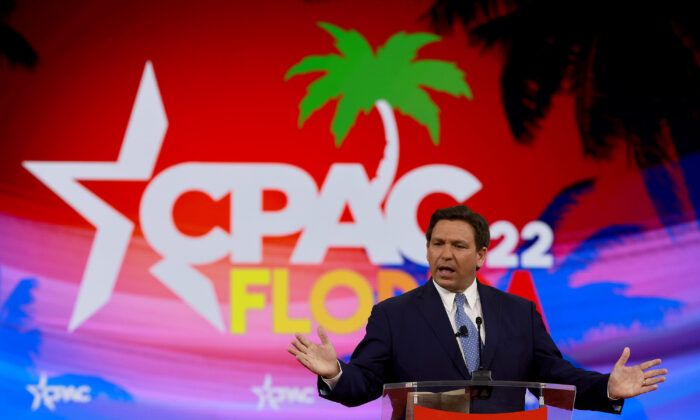 Florida Gov. Ron DeSantis speaks at the Conservative Political Action Conference (CPAC) at the Rosen Shingle Creek resort in Orlando, Fla., on Feb. 24, 2022. (Joe Raedle/Getty Images)