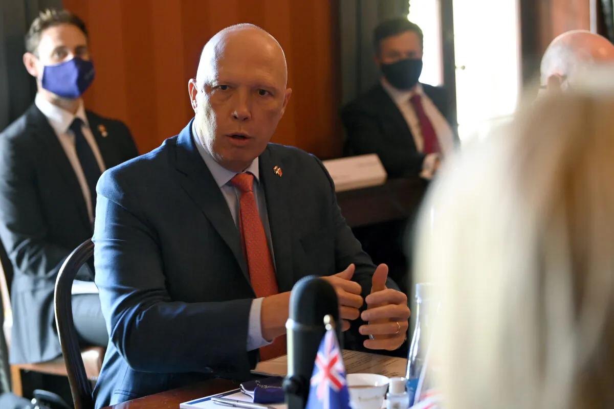 Australian Defence Minister Peter Dutton during top of meeting remarks ahead of Australia–United Kingdom Ministerial Consultations (AUKMIN) talks at Admiralty House, in Sydney, Australia, on Jan. 21, 2022. (AAP Image/Bianca De Marchi)