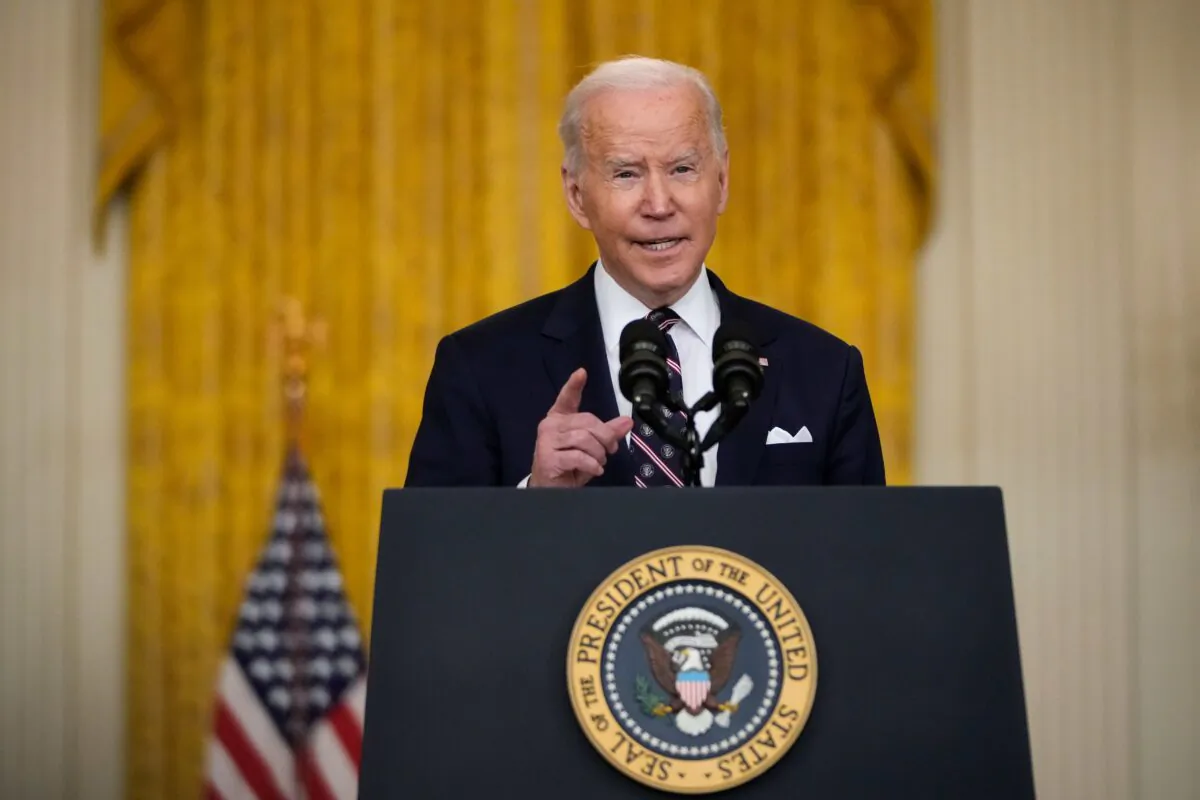 U.S. President Joe Biden delivers remarks on developments in Ukraine and Russia, and announces sanctions against Russia, from the East Room of the White House in Washington on Feb. 22, 2022. (Drew Angerer/Getty Images)