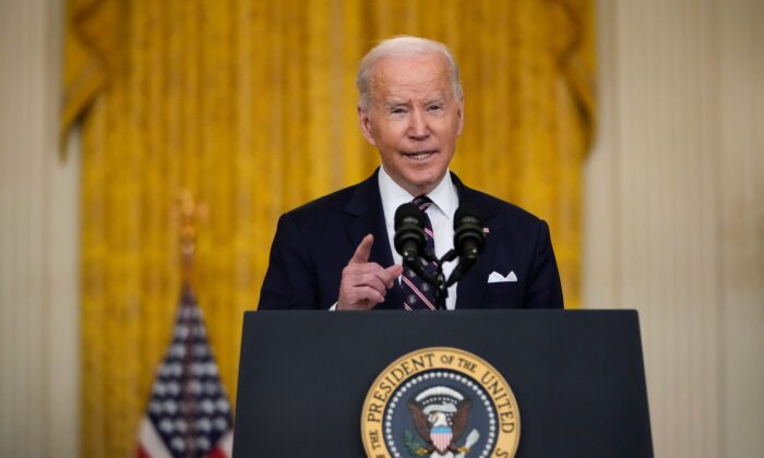 U.S. President Joe Biden delivers remarks on developments in Ukraine and Russia, and announces sanctions against Russia, from the East Room of the White House in Washington on Feb. 22, 2022. (Drew Angerer/Getty Images)