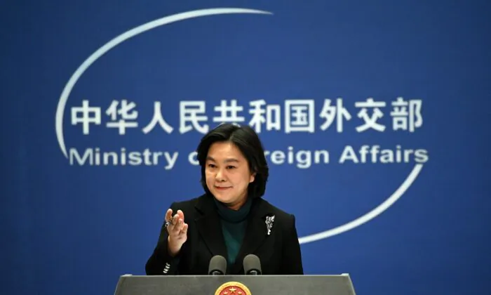 Chinese foreign ministry spokesperson Hua Chunying gestures during the daily Press conference at the Foreign Ministry in Beijing on Feb. 24, 2022. (Noel Celis/AFP via Getty Images)