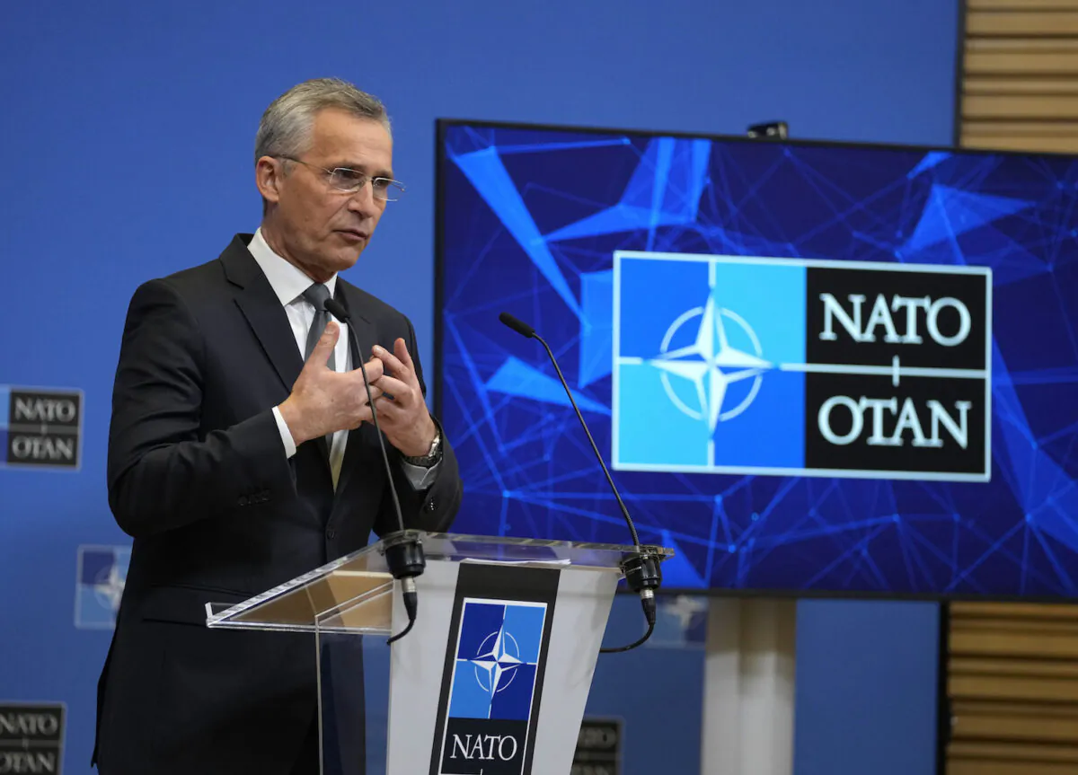 NATO Secretary-General Jens Stoltenberg speaks during a media conference at NATO headquarters in Brussels, Belgium, on Feb. 24, 2022. (Virginia Mayo/AP Photo)