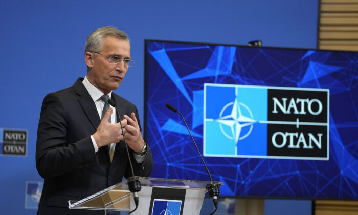 NATO Secretary-General Jens Stoltenberg speaks during a media conference at NATO headquarters in Brussels, Belgium, on Feb 24, 2022. (Virginia Mayo/AP Photo)