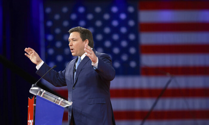 Florida Gov. Ron DeSantis speaks at the Conservative Political Action Conference (CPAC) in Orlando, Fla., on Feb. 24, 2022. (Joe Raedle/Getty Images)
