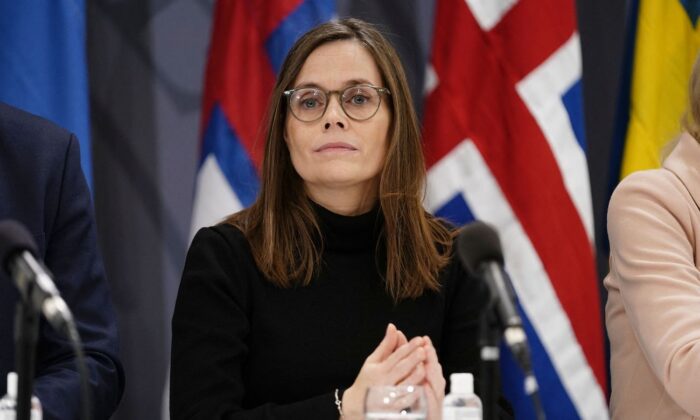 Iceland's Prime Minister Katrin Jakobsdottir at a joint press conference in the Prime Ministers Office in Copenhagen, Denmark, on Nov. 3, 2021. (Mads Claus Rasmussen/Ritzau Scanpix/AFP via Getty Images)